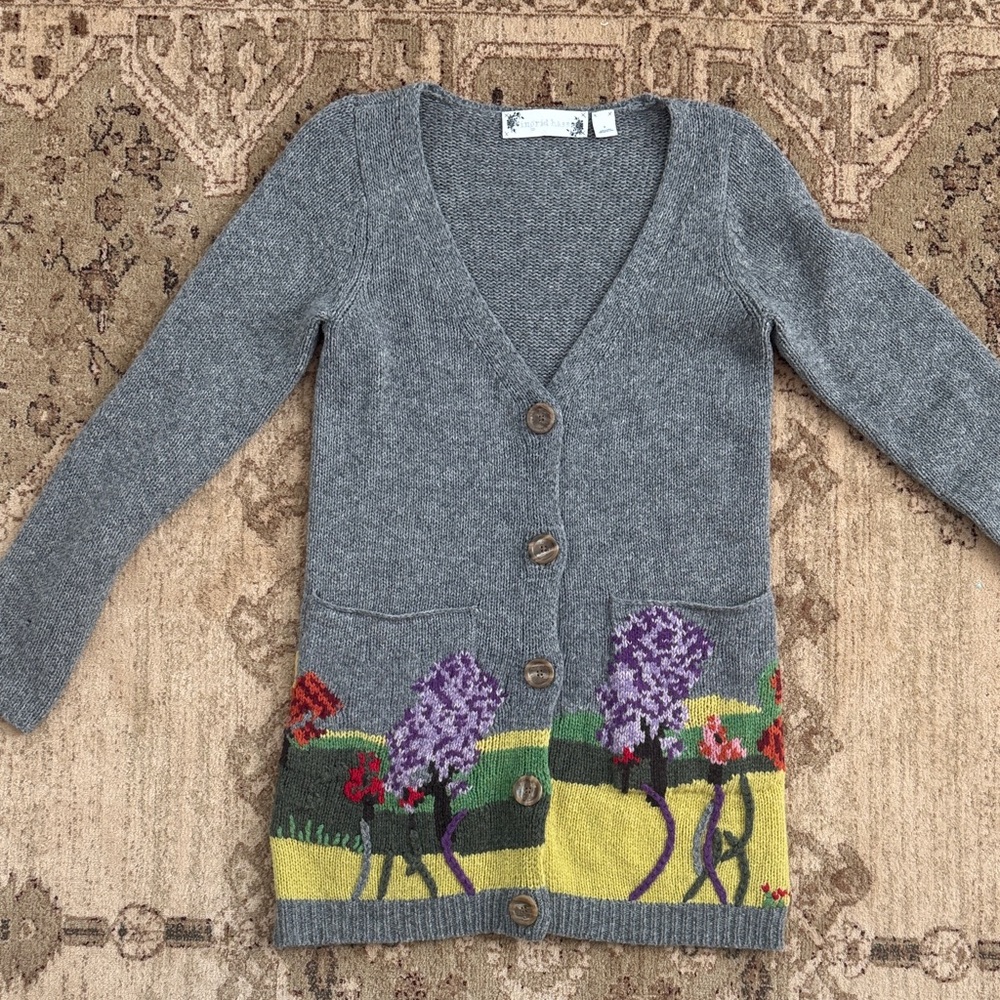 Anthropologie vintage Gray lambswool Cardigan with Vibrant Floral Accents